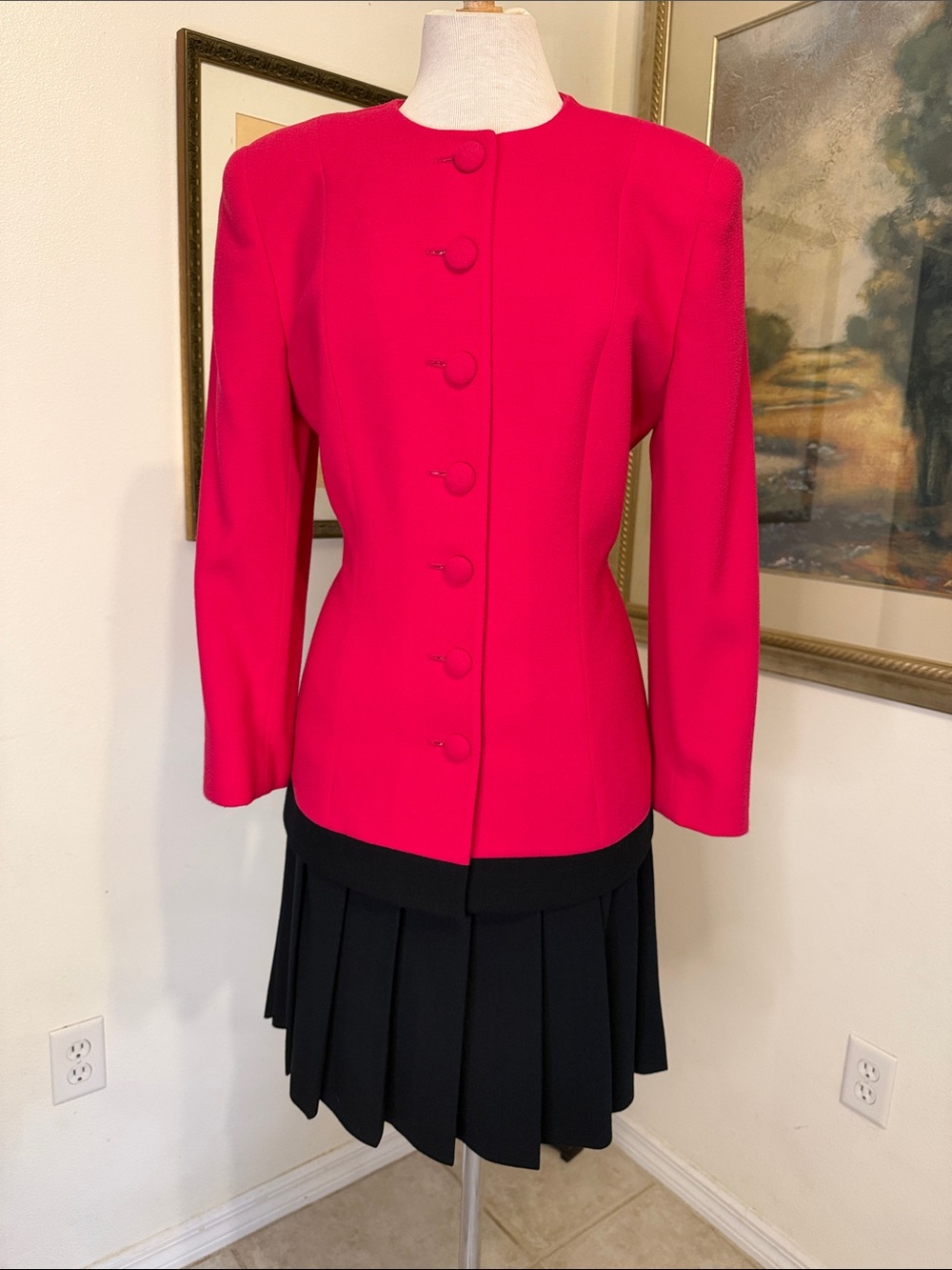 Christian Dior Skirt Set- Pink/Black Tailored Button-Front Jacket/Skirt Size 12P